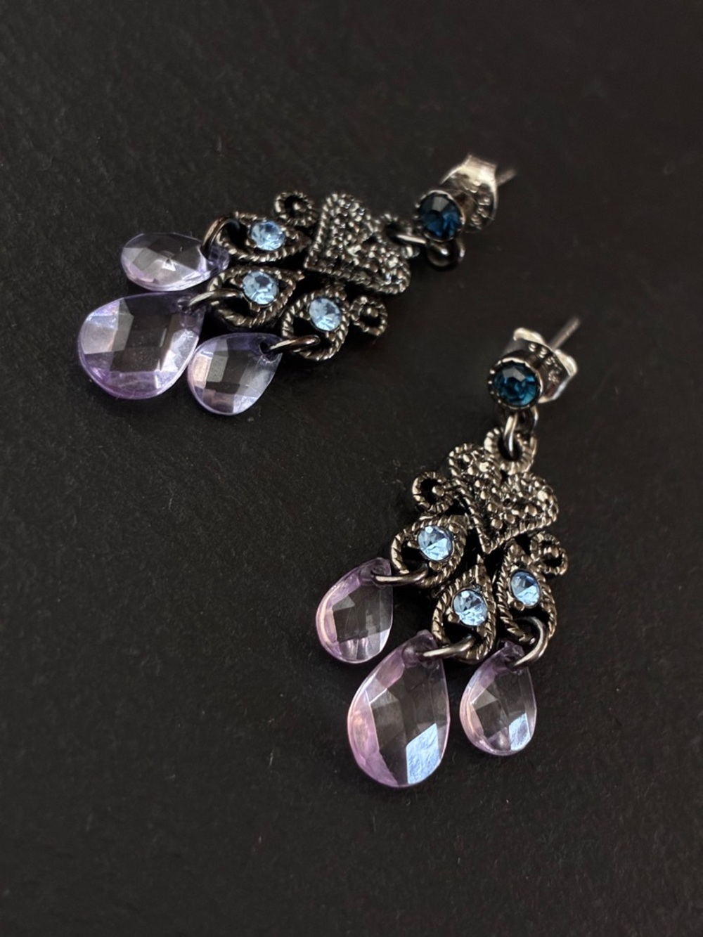Elegant Purple Crystal Drop Earrings with Blue Accents
